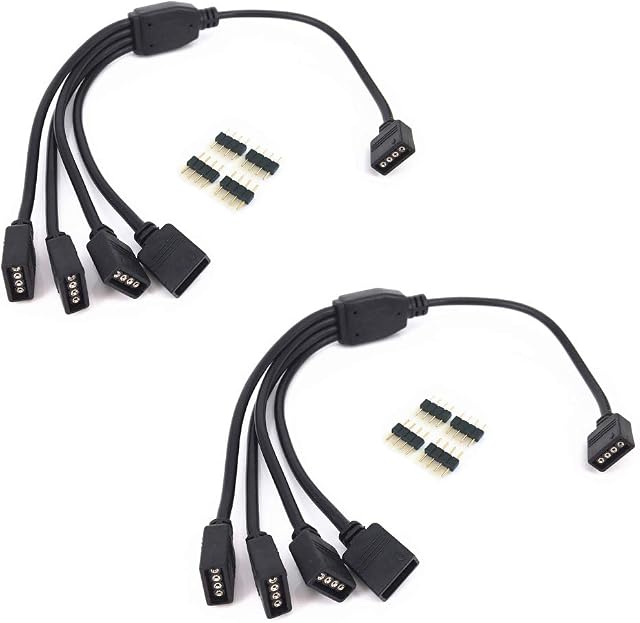 2 pcs Black 4 Pins LED Splitter Cable LED Strip Connector 4 Way Splitter Y Splitter for One to Four RGB 5050 3528 LED Light Strips with 10x Male 4 Pin Plugs -30cm/12inch Long (1 to 4Splitter Cable)