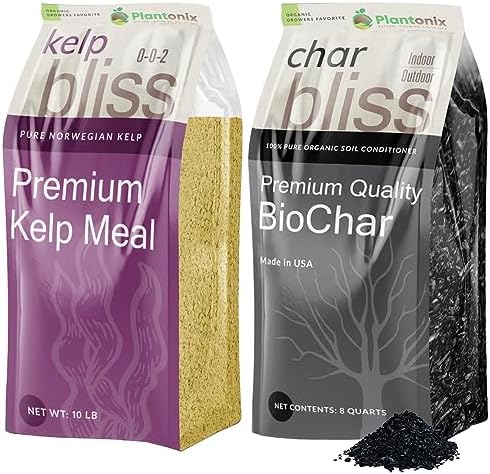 Kelp Bliss (10lbs) + Char Bliss (8 Qts) - Kelp Meal Organic Fertilizer & Organic Biochar for Plants - Biochar Soil Amendment Charcoal for Plants - Organic Kelp Fertilizer for Plants - Kelp for Plants