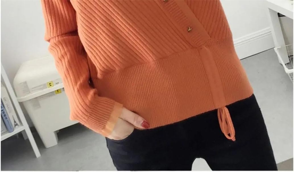 Women's Solid V-Neck Sweater Button Drawstring Temperament Pullovers Loose Long Sleeve Knitted Tops