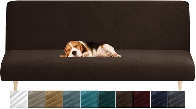 MAXIJIN Velvet Futon Cover Stretch Futon Slip Cover Full Size Futon Mattress Cover Armless Sofa Bed Plush Futon Couch Cover with Elastic Bottom (Futon, Dark Coffee)