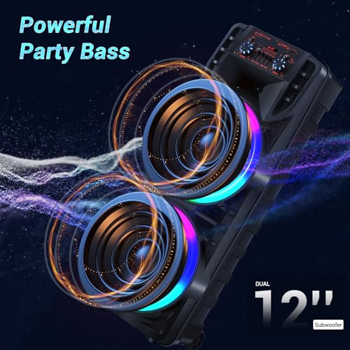 ROXAAN Dual 12’’ Wireless Party Bluetooth Speaker with Microphone, Remote, Portable PA Speaker System, RGB LED Party Lights, Karaoke Machine with Treble & Bass, FM/AUX/USB/TF/TWS/Echo - Thumbnail 2