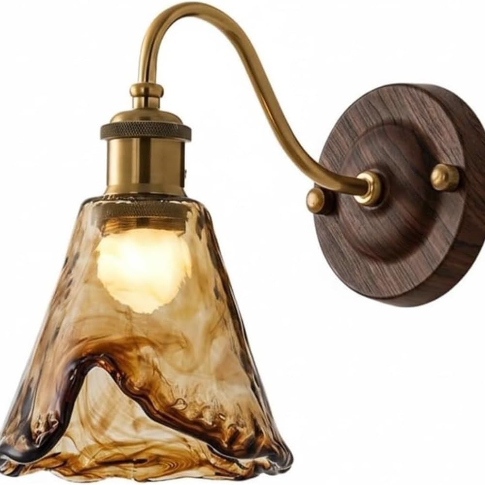 LUOYAOB Amber Wavy Glass Wall Sconce Brass Accent Dark Wood Base Wall Lamp E26 E27 Farmhouse Wall Lighting Fixture for Bedroom Living Room Kitchen Cafe Reading Area