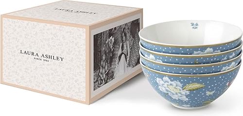 Miniatura 5 de Laura Ashley Seaspray Uni - Caja de regalo de 6 pulgadas, juego de 4 platos de sopa de porcelana y cereales, cuencos aptos para lavavajillas,