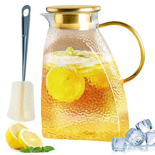 Verseuse en verre de 1,8 l avec couvercle, porte de réfrigérateur anti-fuite, avec brosse, carafe à eau avec couvercle en acier inoxydable, verseuse en verre borosilicate, pour boissons chaudes ou