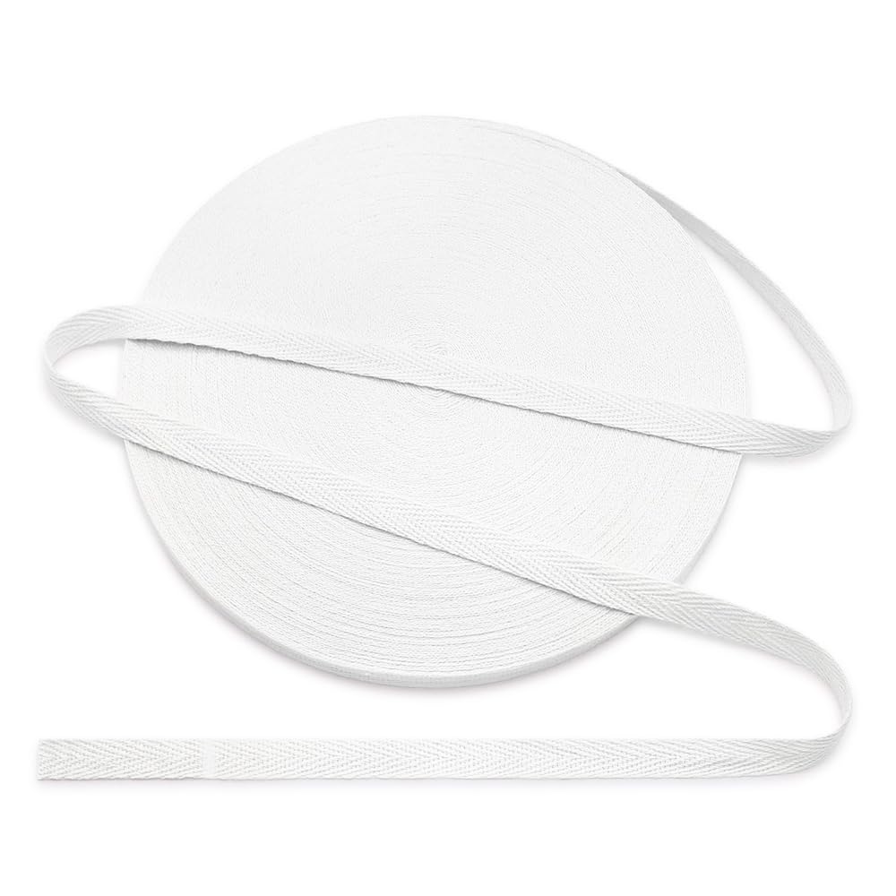 Jamsinmu Cotton Bias Binding Tape 10 mm, Herringbone Tape Cotton Tape with Herringbone Pattern, Cotton Strap Tape 10 mm, Cotton Ribbon 1 cm, White C000, 45 Yards