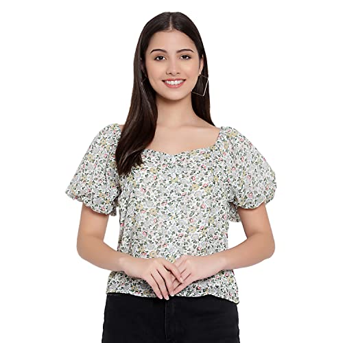 Image of FNOCKS Women Button Closure Short Sleeves Floral Printed Tops /Georgette Fabric