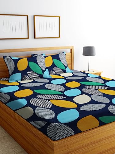 Image of DECORUM Glace Cotton Fitted 1 Bedsheet King Size (72 inchx78 inch) | All Around Elastic | Cotton Feel | 2 Pillow Covers (17 inchx27 inch) | Fits Up to 8 inch Mattress | 200-220 TC | Printed Double Bed Sheet Set