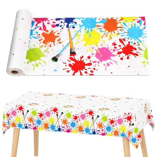 Fall Paint Splatter Tablecloth Decoration 52 in x 100 Ft Art Paint Birthday Party Tablecloth Roll Art Party Autumn Plastic Table Cover for Fall Indoor Outdoor Events Family Parties and Celebrations