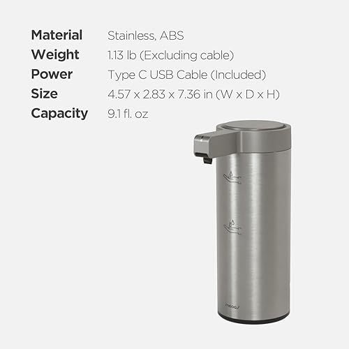 Miniatura 9 de mooas Dispensador automático de jabón líquido de acero inoxidable, manos libres, sin contacto, 2 niveles, ajustable, impermeable, sensor de