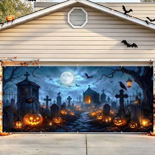 Image of Halloween Garage Door Decorations 7 x 16 ft, Cemetery Cover