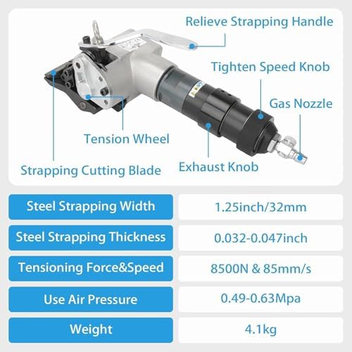 High Tensile Pneumatic Steel Strapping Machine - Portable Heavy Duty Packaging Tensioner & Cutter Sealer for 1.25" (32mm) Straps - Ideal for Baling and Securing Packages