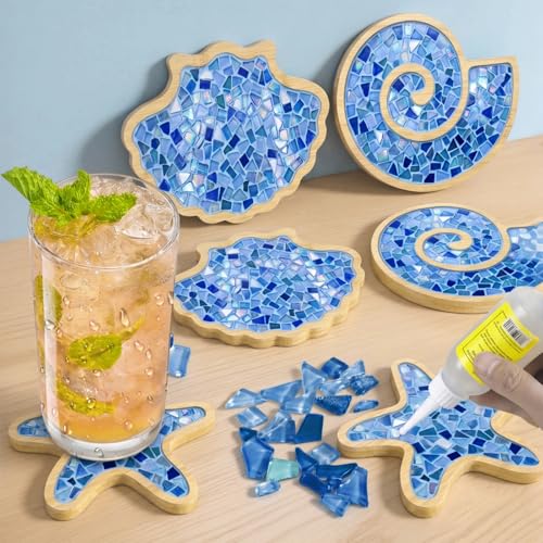 6 Sets DIY Ocean Mosaic Tiles for Crafts Mixed Color Glass Mosaic Kits Wooden Coaster for Drinks Tray Handmade Home Decoration and Gift Idea