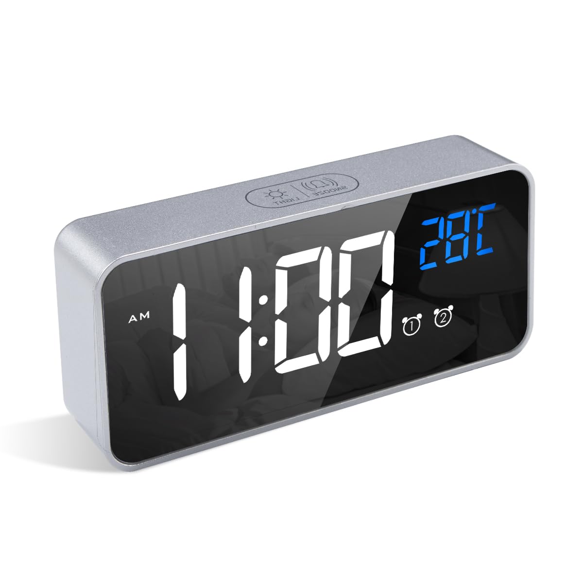 LATEC Reloj Despertador, LED Pantalla Reloj Despertador Digital con Espejo, Doble Alarma, Temperatura, Puerto de Carga USB, 10 Música, 4 Brillo Ajustable, 12/24H(Blanco) — view 9