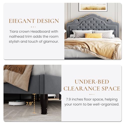 SHA CERLIN Queen Bed Frame with Adjustable Headboard/Velvet Upholstered/Diamond Button Tufted and Metal Studs/No Box Spring Needed/Wooden Slat Support/Easy Assembly/Light Grey