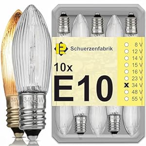 10 x puntige kaars E10 34 V 3 W reservelampen, gloeilampen, topkaars voor lichtketting en lichtboog