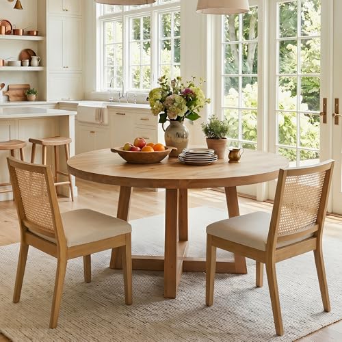 Image of HNY Farmhouse Rattan Dining Chairs Set of 2, Natural Solid Hardwood Frame, Upholstered Linen Seat, Ergonomic Cane Back Dining Room Chairs for Kitchen, Dining Room, Apartment, Beige