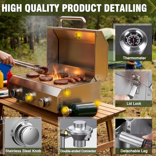 Image of Bestfire 3-Burner Tabletop Gas Grill, Dual Connections, 30,000 BTU Portable Propane Grill, Knobs&Stainless Steel Grates, Compact & Detachable Legs for Camping, RV, BBQ