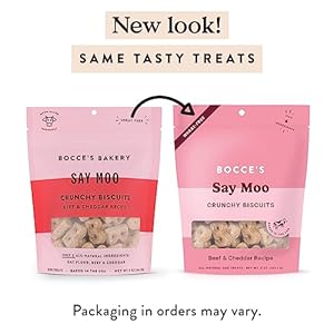Bocce’s Bakery Oven Baked Say Moo Treats for Dogs, Everyday Wheat-Free Dog Treats, Made with Real Ingredients, Baked in The USA, All-Natural Beef & Cheddar Biscuits, 5 oz