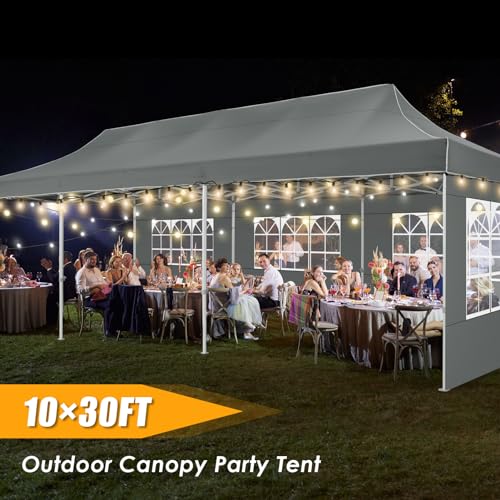 Image of HOTEEL 10x30 Pop Up Commercial Instant Canopy, with 8 Sidewalls for Party Wedding Event Use, Waterproof UV 50+, Thickened Hexagonal Legs, Includes Carry Bag, Grey