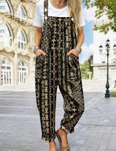 Image of YESNO Women's Overalls Cotton Boho Casual Floral Bib Jumpsuit Baggy Adjustable Strap Romper with Pockets PVV
