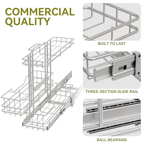 Image of 2 Tier Under Sink Organizer 11 inch W X18 D, Pull Out Cabinet Organizer One Removable Basket, Under Sink Slide Out Chrome Plated, Under Kitchen Bathroom Sink Organizer, 1 Pack