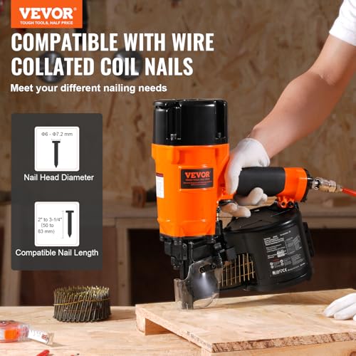 Image of VEVOR Coil Siding /Framing Nailer CN83N, 2 inch to 3-1 /4 inch 15 Degree Pneumatic Siding Nail Gun with Tool-Less Depth Adjustment, 70-120PSI Air Coil Nailer for Siding Sheathing Wooding Fencing Decking