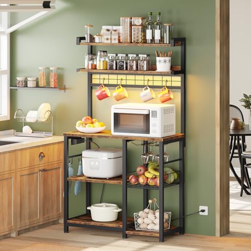 Image of HOOBRO Bakers Rack with Power Outlet, Microwave Stand with 6 S-Shaped Hooks, 5 Tiers Coffee Bar with LED Light, Kitchen Storage Shelf with Wire Basket & Wine Holders, Rustic Brown and Black BF21UDHB01