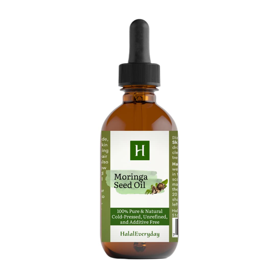 HalalEveryDay Pure Moringa Oil Cold Pressed, 100% Pure For Hair, Face, Body, and Lip care for making Lotion For Dry Skin, Makeup Remover, Vitamin C Serum, 4 Ounce Glass Bottle with Dropper