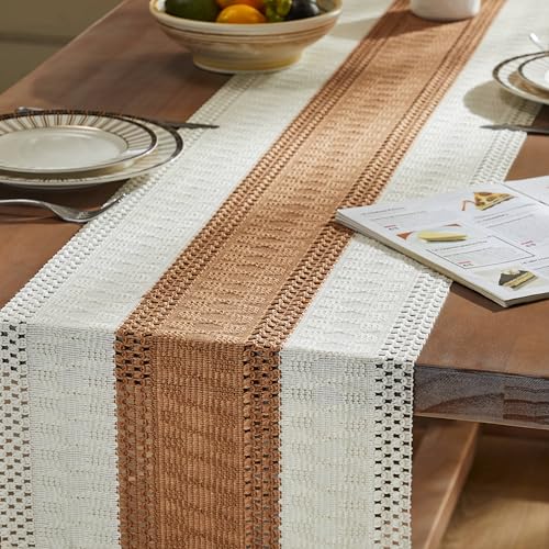 ZeeMart Macrame Style Bicolor Stitching Table Runner 14x72in Caramel by ZeeMart - Used condition - Image 5