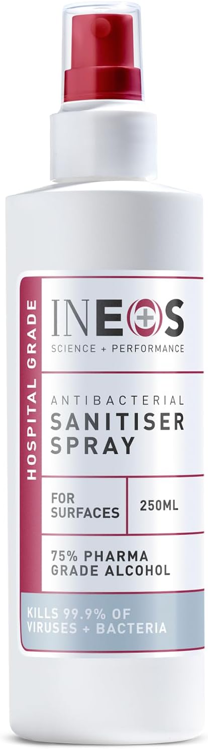 Hospital Grade Sanitiser Spray for Surfaces (250 ml) by INEOS Hygienics Made with 75% pharma grade alcohol. Kills 99.9% of viruses and bacteria.