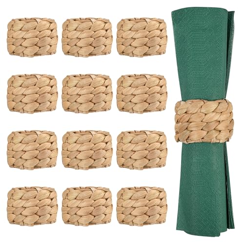 12 Pcs Boho Rattan Woven Napkin Rings, Farmhouse Water Hyacinth