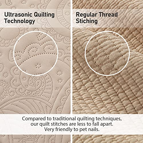 Qucover Oversized King Bedspread 120X120 Beige, Lightweight Ultrasonic Oversized King Quilts, 3 Piece Elegant Damask Paisley Pattern Soft Microfiber Oversized King Blanket Bedding, Beige #TOP4