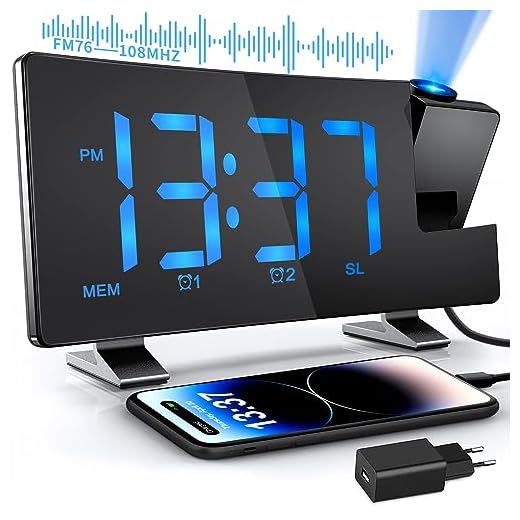 TAKRINK Sveglia con Proiettore Radiosveglia Digitale da Comodino 12/24H Display LED a 180° Luminosità a Proiezione Rotante Regolabile con Sveglie FM Radio 2 e Cavo USB
