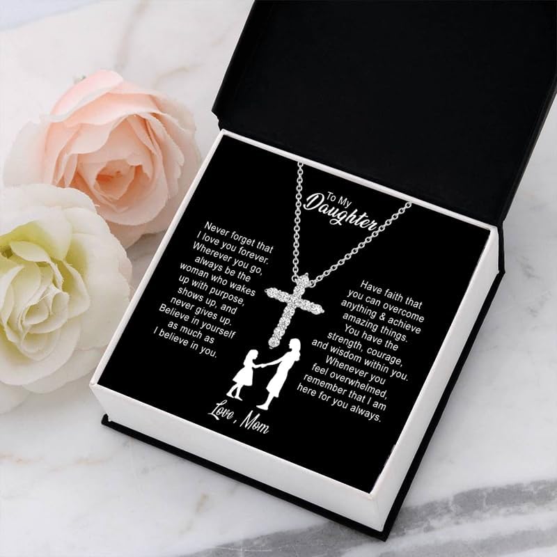 Necklace Gift from Dad Mom, Stainless Steel Cross/Heart/Love Knot Pendant with Engraved Message Card, Birthday Christmas Jewelry Gifts for Daughter - Image 4