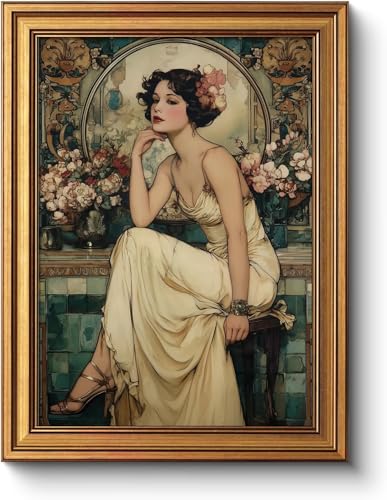 Retro women's floral oil painting, retro 1920s style girl's oil