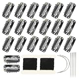 20 Pieces Clips for Clip-in Hair Extensions, Wig, Hair Bang, Hair Topper, Toupee, Stainless Steel U-Shaped Snap Clips with Needle and Thread Kit (Black)