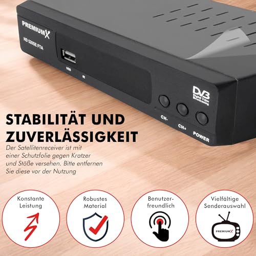 PremiumX Satelliten-Receiver HD 520SE FTA Digital SAT TV Receiver DVB-S2 FullHD HDMI SCART 2X USB Multimedia-Player, Astra Hotbird vorprogrammiert