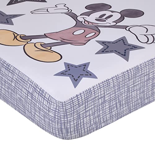 Image of NoJo Disney Mickey Mouse Mighty Mickey Gray, Blue, Red and Yellow Small But Mighty Nursery Photo Op Fitted Crib Sheet
