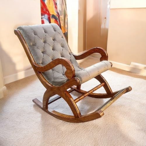 Image of Solid Sheesham Wood Rocking Chair for Living Room | Ergonomic Resting Chair for Relaxing and Pregnant Women (Black) (Grey)