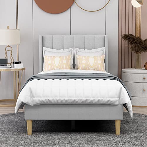 Image of AGARTT Upholstered Platform Bed Frame Twin Size, Light Grey Linen