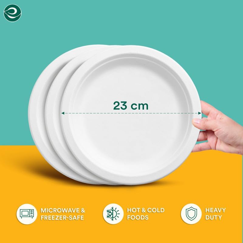 Miniatura 2 de ECO SOUL Platos de papel blanco perla de 9 pulgadas, 200 unidades 2 x 100 unidades  Bagazo desechable 100% compostable I Platos de cena ecológicos