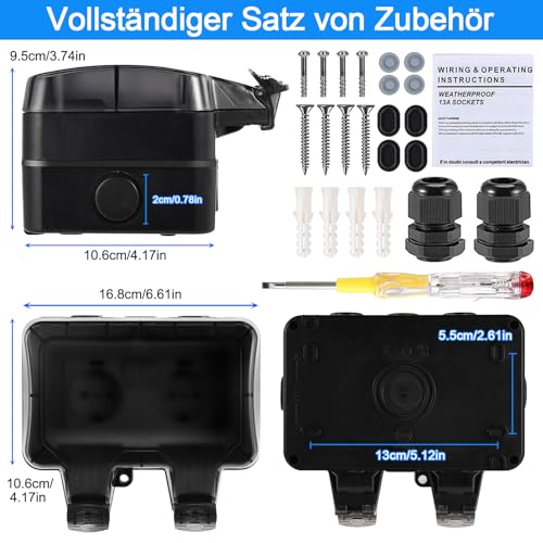 Aussensteckdose Wasserdicht IP66 Outdoor Steckdose mit Schalter Kontrollleuchte, 3680W Wetterfest Außensteckdose Aufputz Wand Garten Steckdose mit Klappdeckel inklusive Gärten Schwimmbad Aussenbereich