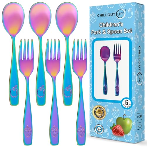 Image of CHILLOUT LIFE Stainless Steel Kids Silverware Set 6 Pieces - Child and Toddler Safe Flatware - Kids Utensil Set - Metal Kids Cutlery Set (Includes 3 Small Kids Spoons & Kids 3 Forks, UV Rainbow)
