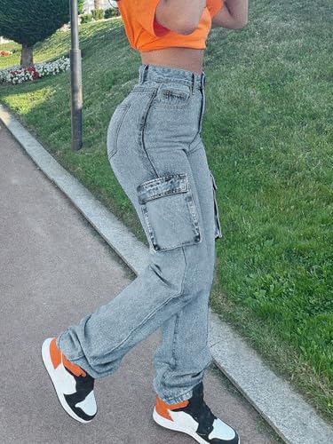 Women's Cargo Jeans High Waisted Straight Leg Denim Pants Y2K Streetwear Trousers3