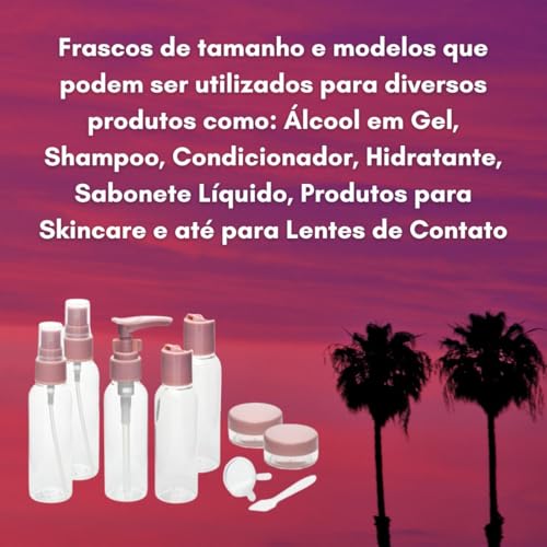 Kit Viagem Frascos 10 Peças Rosa Pote Necessaire Porta Shampoo Condicionador Creme Hidratante Perfum