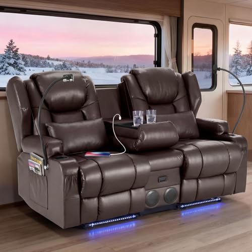 Image of Redlife Power Loveseat Recliner Sofa with Console, PU Leather Dual Reclining Couch with Blue LED Lights, Bluetooth Speakers, USB Ports, Phone Holders, Home Theater & RV Recliner (Brown)