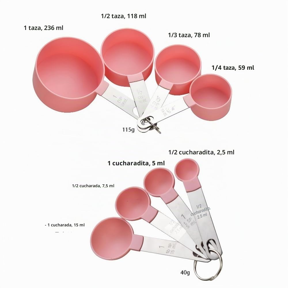 Juego de 8 tazas y cucharas medidoras, incluye 4 tazas medidoras de acero inoxidable y 4 mini cucharas medidoras, mango apilable, cuchara precisa para medir ingredientes secos y líquidos (rosa)