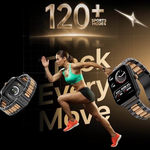 Image of Fire-Boltt Ninja Blaze Smart Watch, Stainless Steel Strap & Steel Body, 1.83 inch Display Bluetooth Calling Built-in Mic & Speaker, 120+ Sports Modes, Smartwatch for Man and Woman Onyx Gold