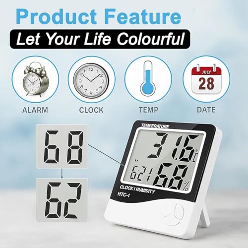 Image of HTC-1 Digital Wall Clock Hygrometer Thermometer with Humidity Meter - Accurate Indoor Sensor, LCD Display, Real-Time Monitoring for Home & Office