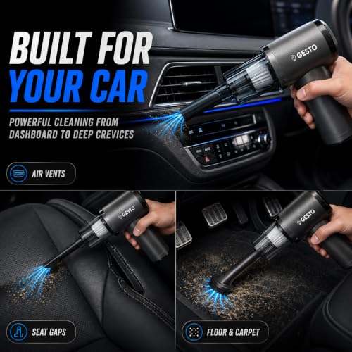 Image of Gesto Car Vacuum Cleaner, 4-in-1 Cordless Handheld Vacuum Cleaner & Air Blower, 12000Pa Portable Mini Vacuum Cleaner for Car, Sofa & Home, 70W Brushless Motor, 4000mAh Battery - 1 Year Warranty